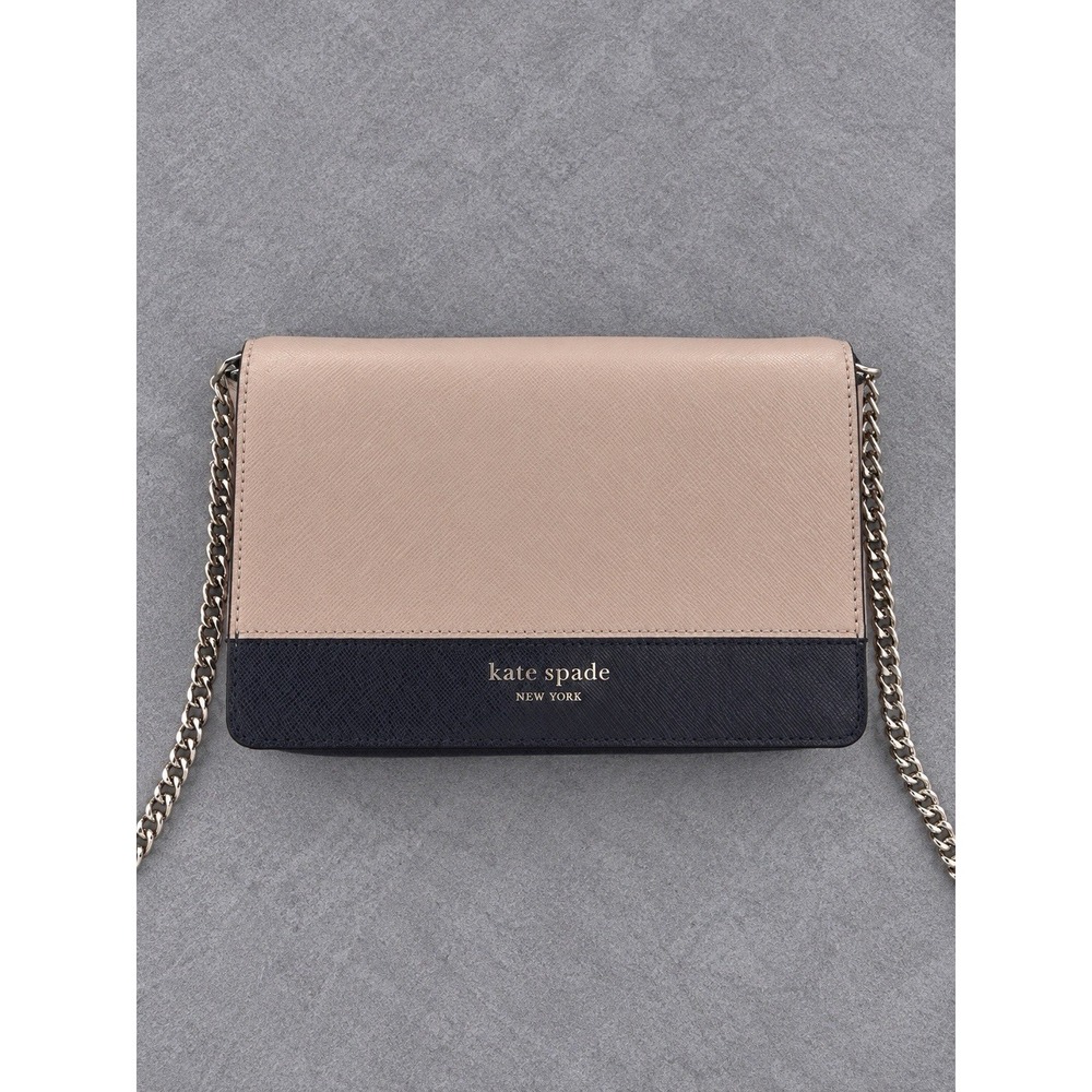 Kate Spade Spencer Chain Crossbody Bag Beige Black Saffiano Leather Purse